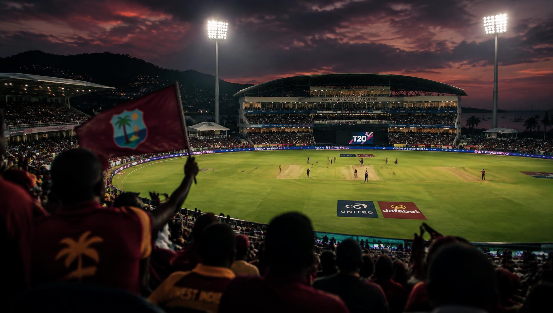 Floodlit Caribbean cricket stadium packed with West Indies supporters